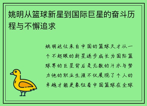 姚明从篮球新星到国际巨星的奋斗历程与不懈追求