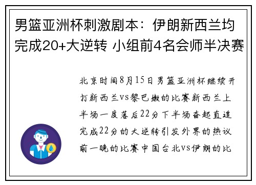 男篮亚洲杯刺激剧本：伊朗新西兰均完成20+大逆转 小组前4名会师半决赛
